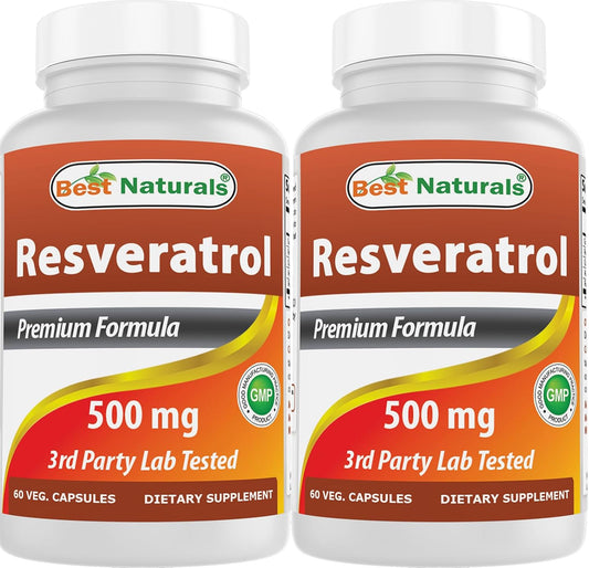 2 Packs of Best Naturals Resveratrol Complex 500mg 60 Veg Capsules - Made with Grape Skin, Red Wine, Quercetin - Gluten Free & Non GMO - Total 120 Capsules