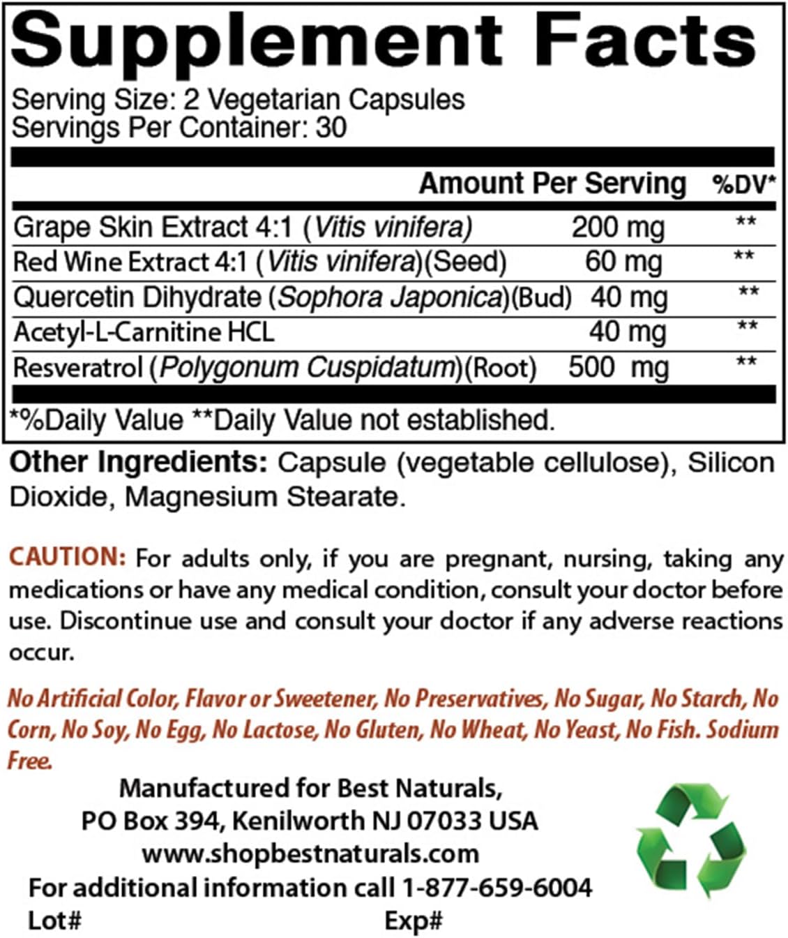 2 Packs of Best Naturals Resveratrol Complex 500mg 60 Veg Capsules - Made with Grape Skin, Red Wine, Quercetin - Gluten Free & Non GMO - Total 120 Capsules