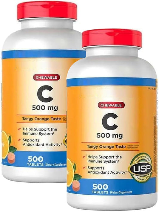 2 Packs of Blue Ribbon Chewable Vitamin C 500 mg Tablets - Tangy Orange Flavor, 1000 Tablets Total