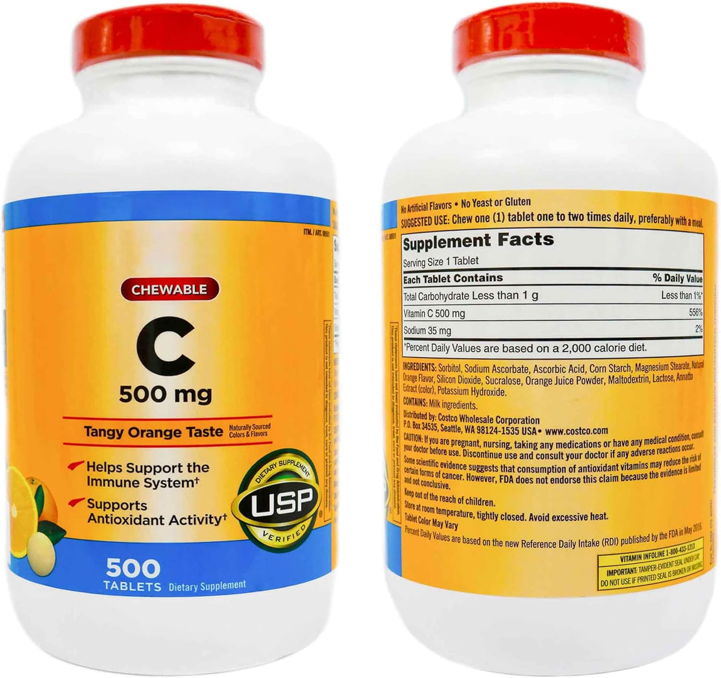 2 Packs of Blue Ribbon Chewable Vitamin C 500 mg Tablets - Tangy Orange Flavor, 1000 Tablets Total