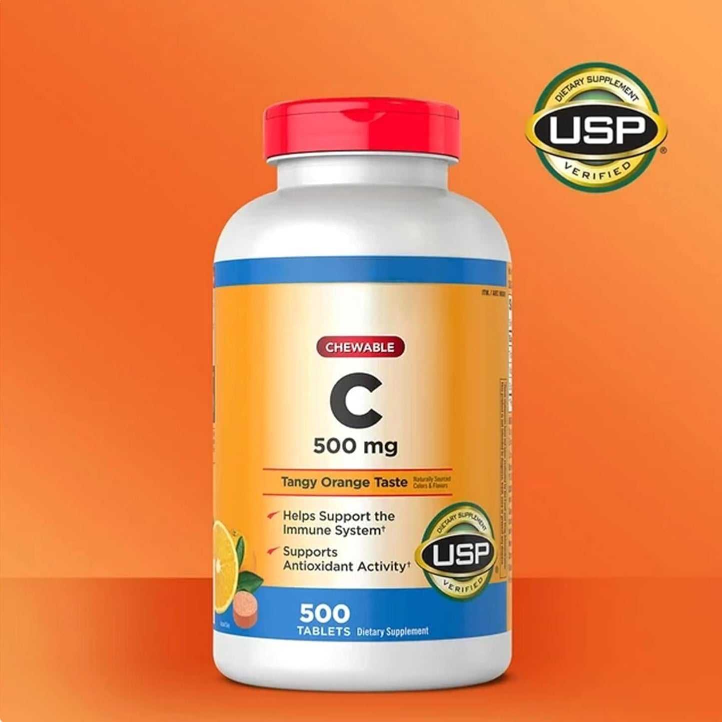 2 Packs of Blue Ribbon Chewable Vitamin C 500 mg Tablets - Tangy Orange Flavor, 1000 Tablets Total