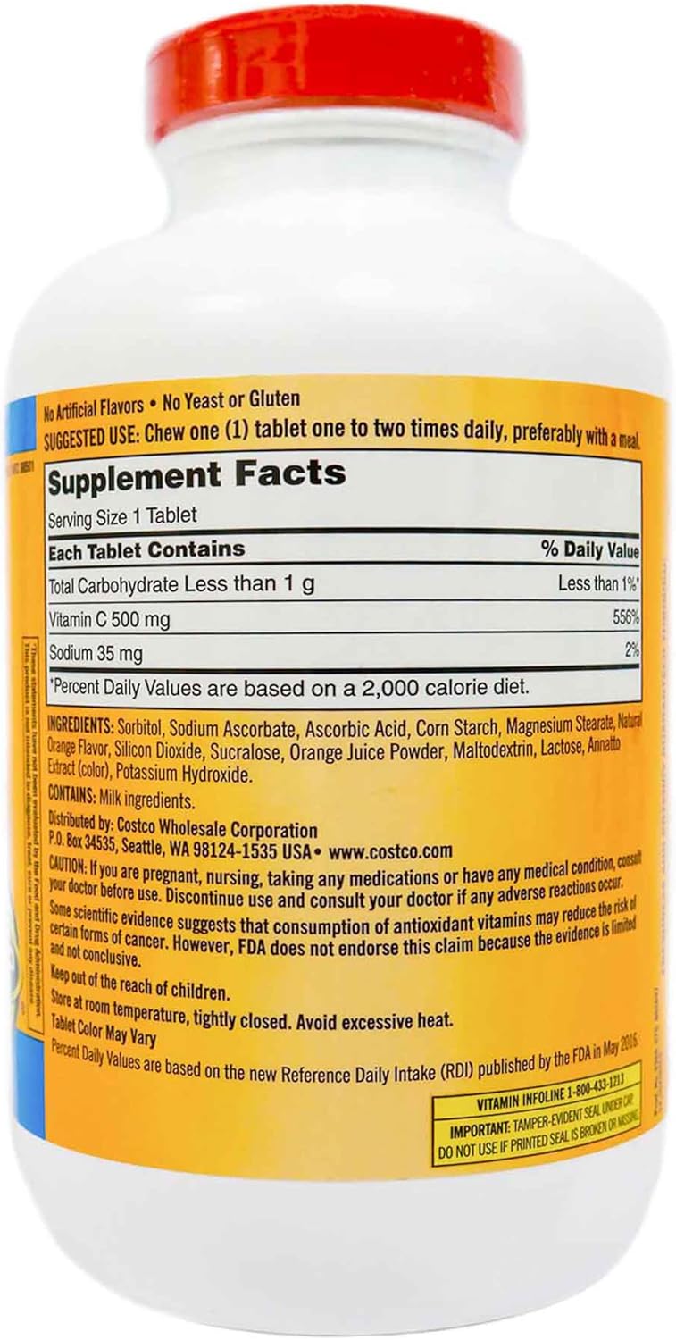 2 Packs of Blue Ribbon Chewable Vitamin C 500 mg Tablets - Tangy Orange Flavor, 1000 Tablets Total