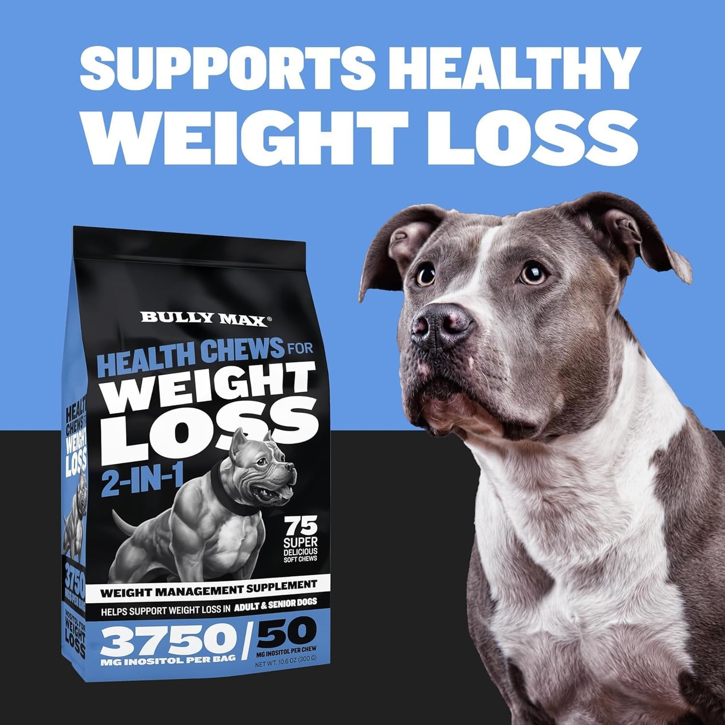 2 Packs of Bully Max 2-in-1 Dog Slimming Formula Supplement Chews for Adult and Senior Dogs - Immunity Boost & Weight Control - 150 Soft Chews