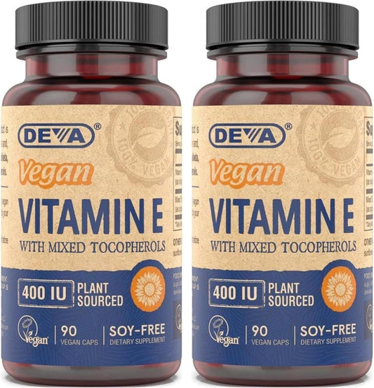 2 Packs of DEVA Vegan Natural Source Vitamin E 400IU Capsules with Mixed Tocopherols - Soy-Free - 180 Capsules Total
