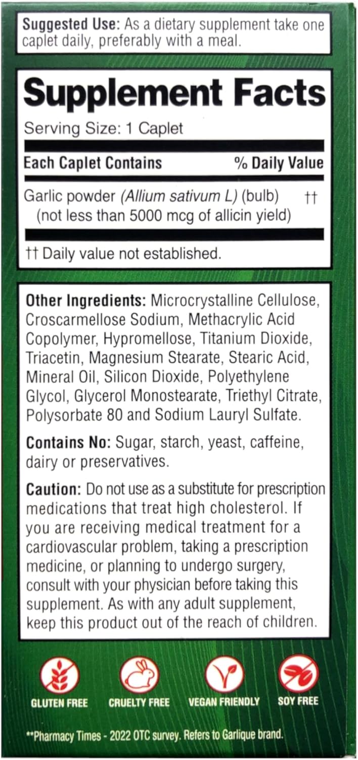 2 Packs of Garlique Healthy Cholesterol Formula with 5000 mcg Allicin, 60 Enteric Coated Caplets - Total 120 Caplets