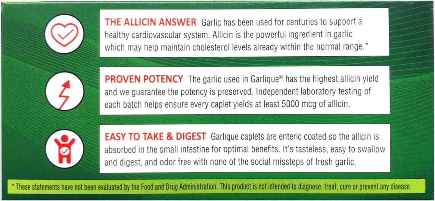 2 Packs of Garlique Healthy Cholesterol Formula with 5000 mcg Allicin, 60 Enteric Coated Caplets - Total 120 Caplets