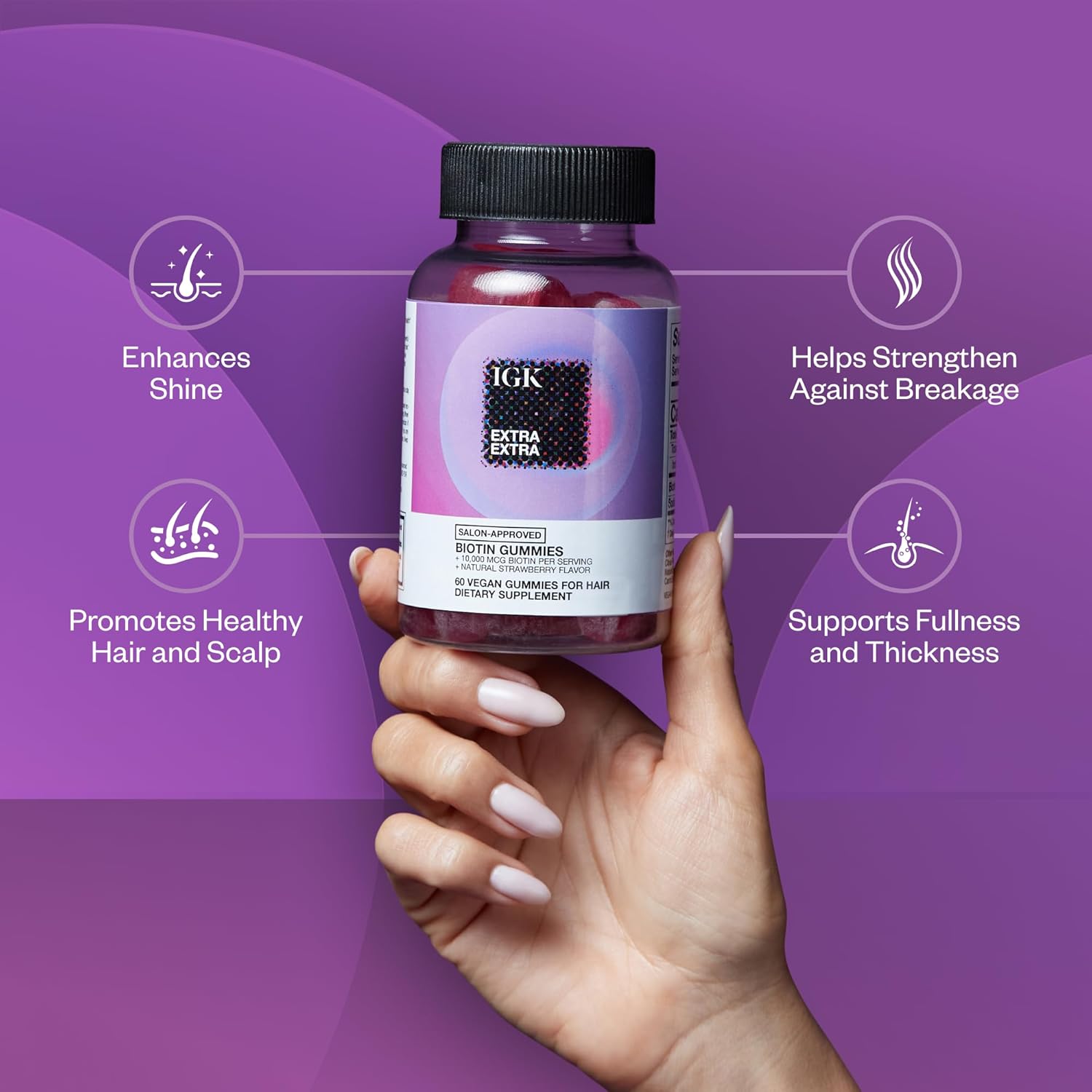 2 Packs of IGK Biotin Hair Gummies 10,000mcg - Strawberry Flavored Hair Growth Supplement for Healthy Hair, Skin & Nails - Combat Hair Loss & Thinning - Vegan - 60 Count