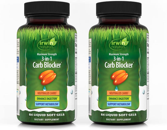 2 Packs of Irwin Naturals Maximum Strength 3-in-1 Carb Blocker - 84 Liquid Soft-Gels - Neutralize Carbohydrates - 168 Servings Total