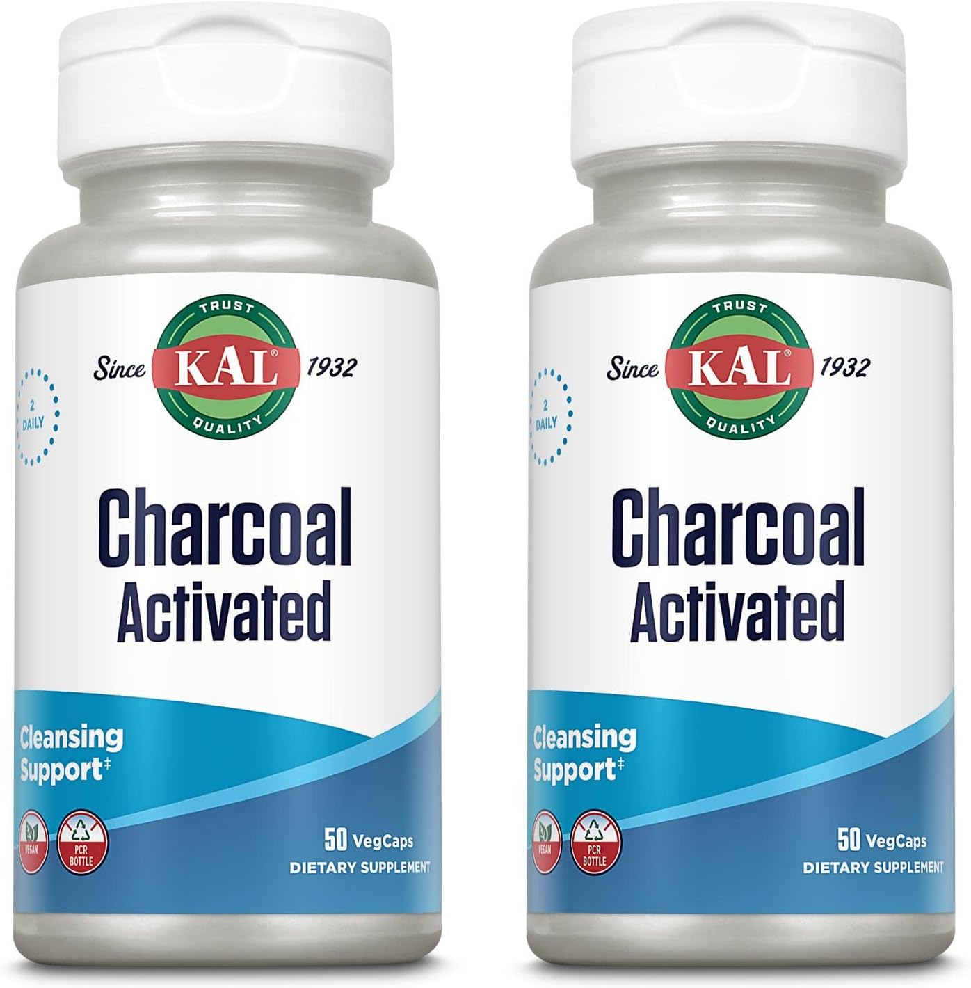 2 Packs of KAL Charcoal 280mg - 50 Capsules for Digestive Health Support