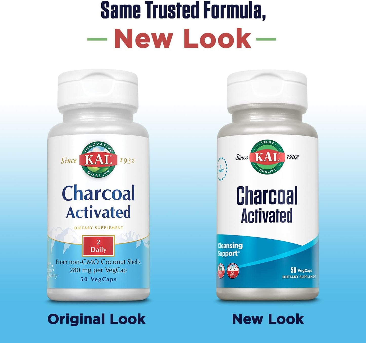 2 Packs of KAL Charcoal 280mg - 50 Capsules for Digestive Health Support