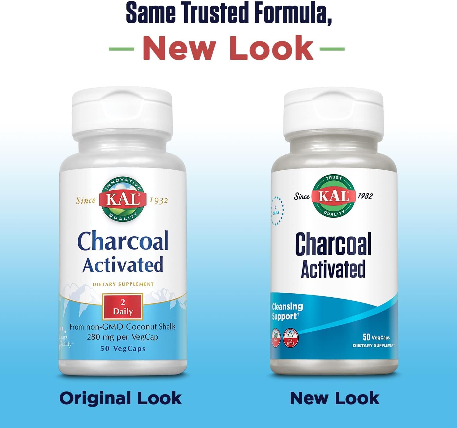 2 Packs of KAL Charcoal 280mg - 50 Capsules for Digestive Health Support