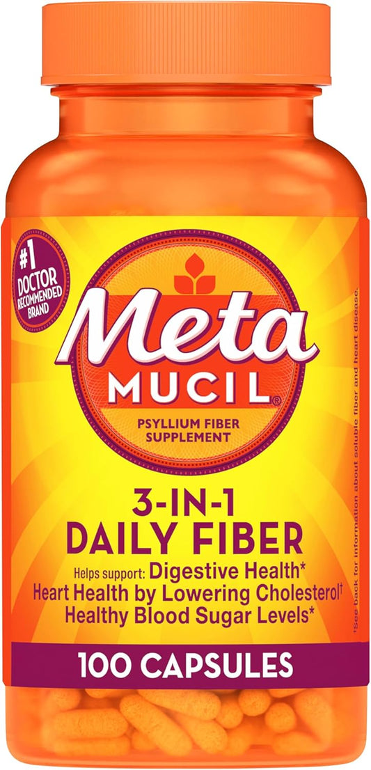 2 Packs of Metamucil Psyllium Husk Fiber Supplement, 3-in-1 Digestive Health Support, 200 Capsules, Plant Based Formula