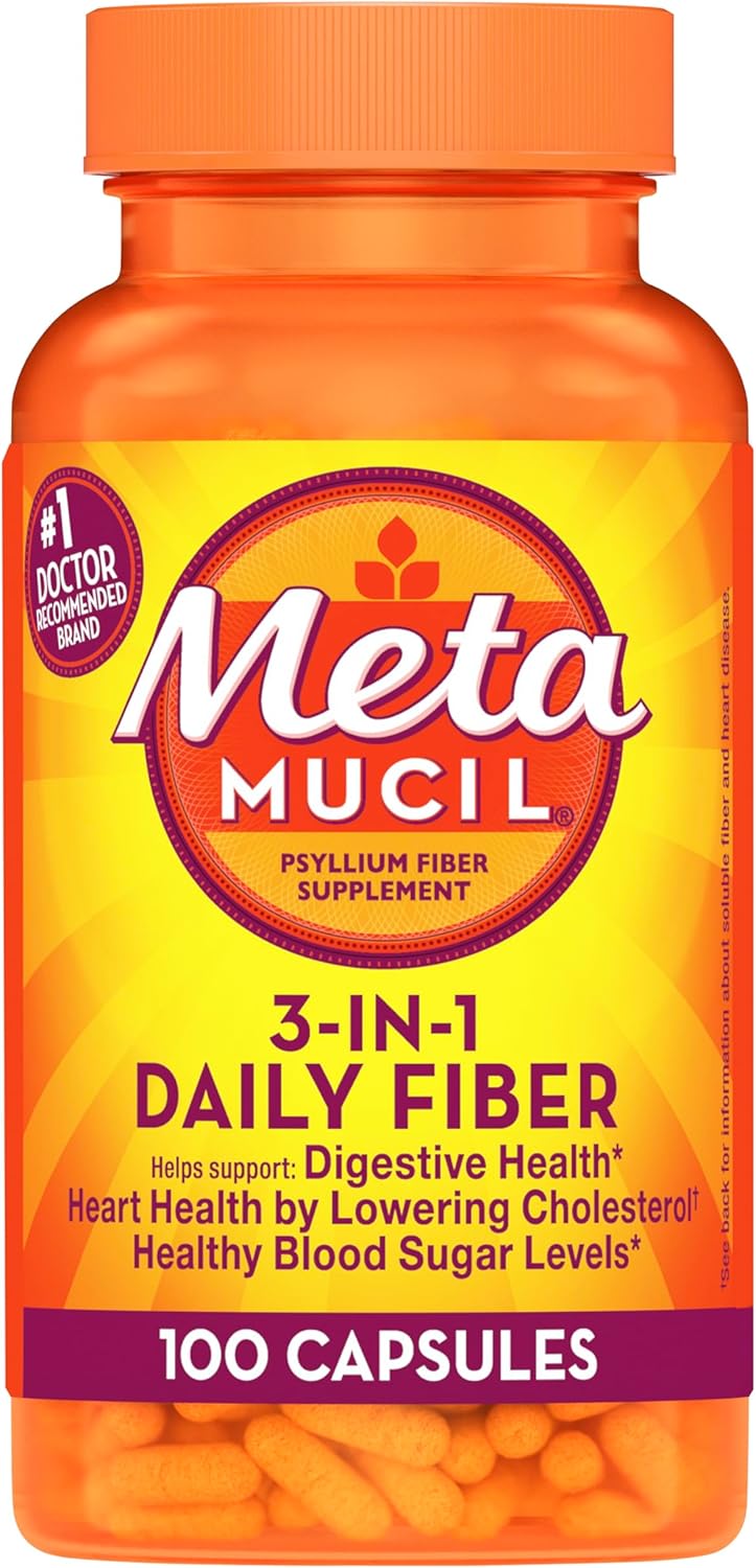 2 Packs of Metamucil Psyllium Husk Fiber Supplement, 3-in-1 Digestive Health Support, 200 Capsules, Plant Based Formula
