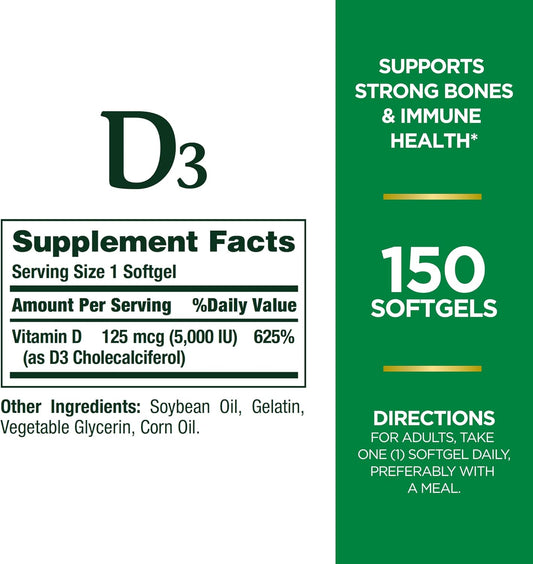 2 Packs of Nature's Bounty Vitamin D3 5000IU Rapid Release Softgels for Immune and Bone Support - 300 Ct Total
