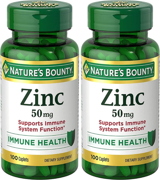 2 Packs of Nature's Bounty Zinc Caplets, 100 Ct Each, 50 mg for Immune Support