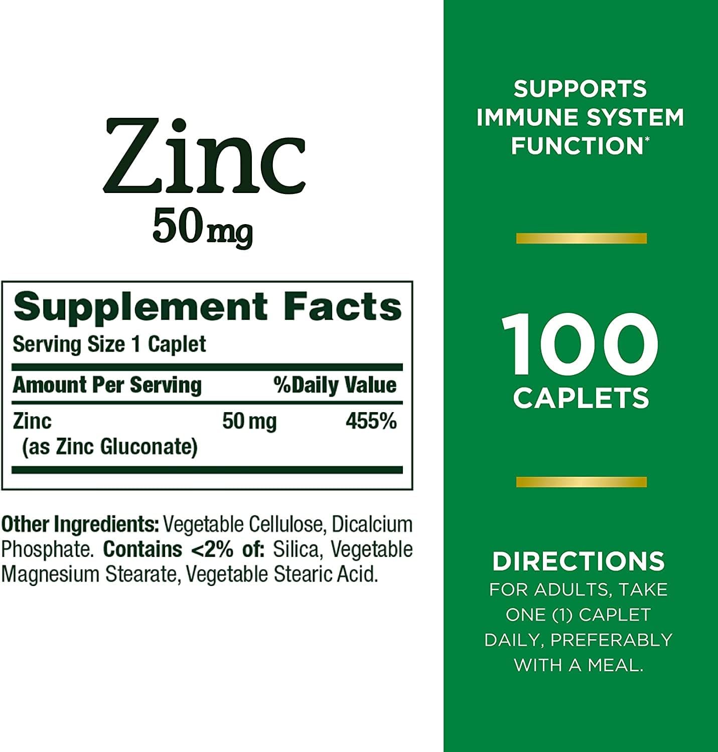 2 Packs of Nature's Bounty Zinc Caplets, 100 Ct Each, 50 mg for Immune Support