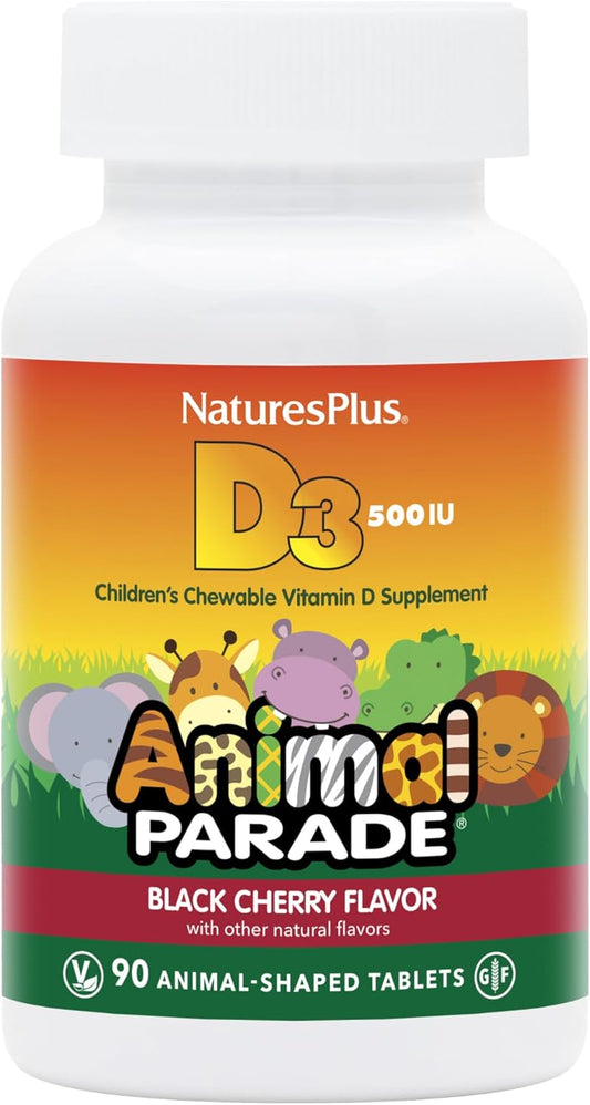 2 Packs of Natures Plus Animal Parade Vitamin D3 Children's Chewables - Black Cherry Flavor - 180 Animal-Shaped Tablets - Gluten Free, Vegetarian, Hypoallergenic