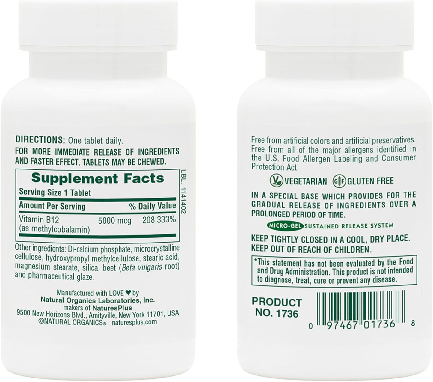 2 Packs of Natures Plus Shot-O-B12 5000 mcg - 30 Sustained Release Tablets - Boost Energy & Mood - Vegetarian & Gluten Free - 60 Servings