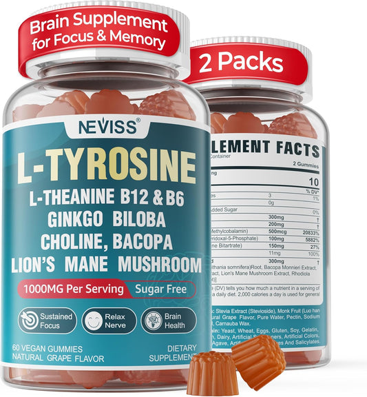 2 Packs of NEVISS Sugar-Free L-Tyrosine Gummies with Brain Health Herbs and Vitamins for Sustained Focus and Energy