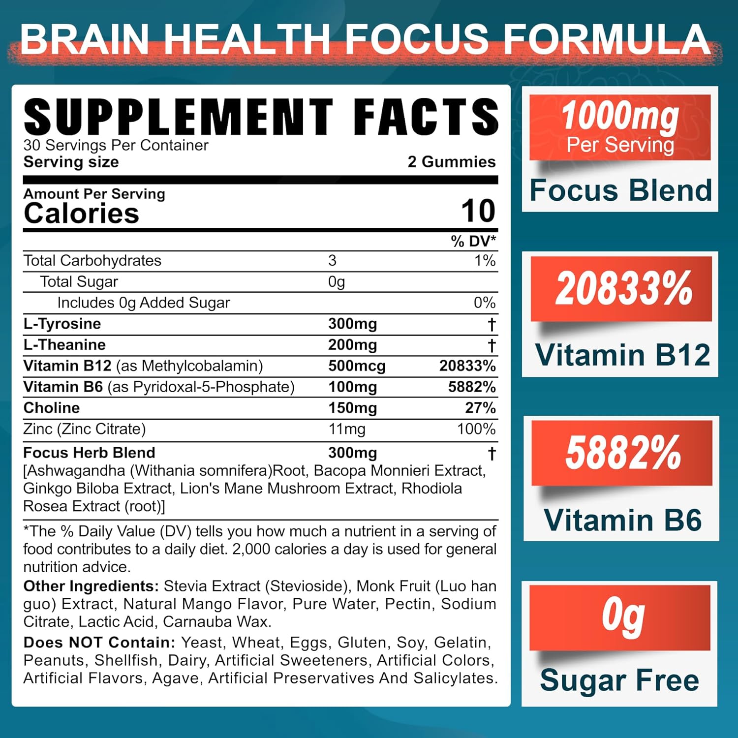2 Packs of NEVISS Sugar-Free L-Tyrosine Gummies with Brain Health Herbs and Vitamins for Sustained Focus and Energy