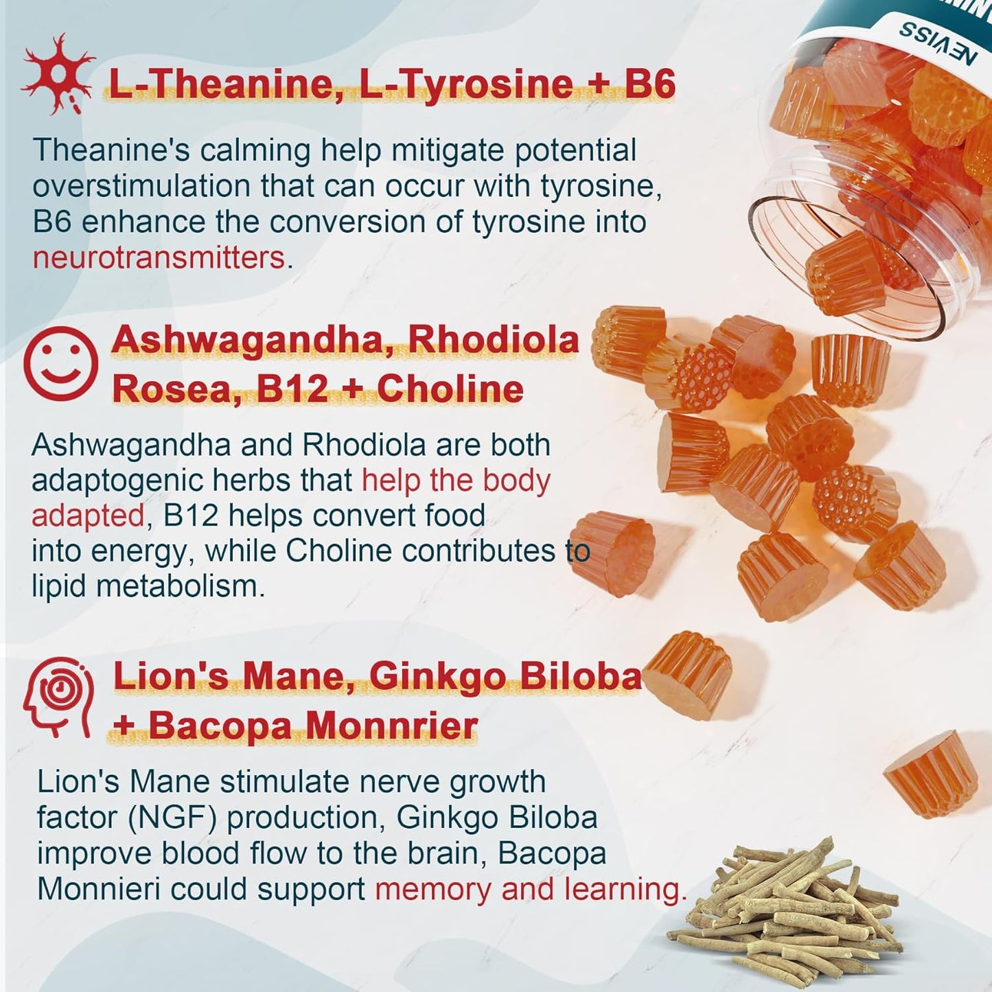 2 Packs of NEVISS Sugar-Free L-Tyrosine Gummies with Brain Health Herbs and Vitamins for Sustained Focus and Energy
