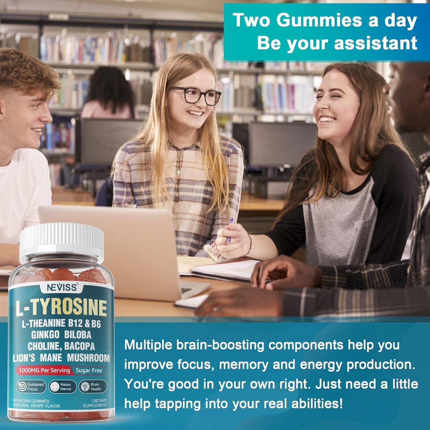 2 Packs of NEVISS Sugar-Free L-Tyrosine Gummies with Brain Health Herbs and Vitamins for Sustained Focus and Energy