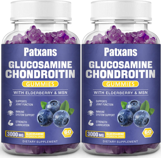 2 Packs of Patxans 3000MG Glucosamine Chondroitin Gummies for Joint Health & Immune Support - Elderberry & MSM Supplement for Flexibility and Antioxidant Boost - 120 Gummies