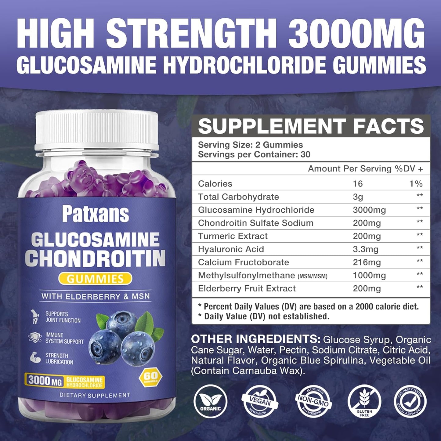 2 Packs of Patxans 3000MG Glucosamine Chondroitin Gummies for Joint Health & Immune Support - Elderberry & MSM Supplement for Flexibility and Antioxidant Boost - 120 Gummies
