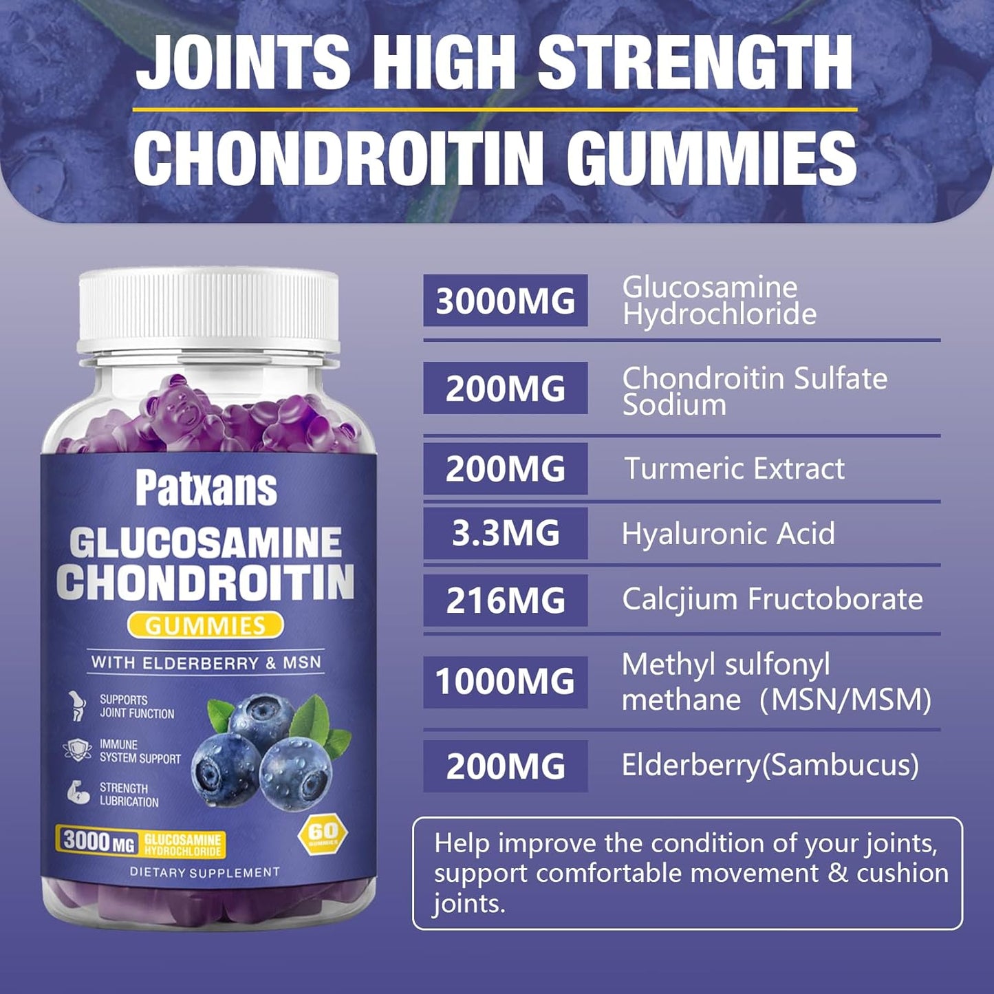 2 Packs of Patxans 3000MG Glucosamine Chondroitin Gummies for Joint Health & Immune Support - Elderberry & MSM Supplement for Flexibility and Antioxidant Boost - 120 Gummies