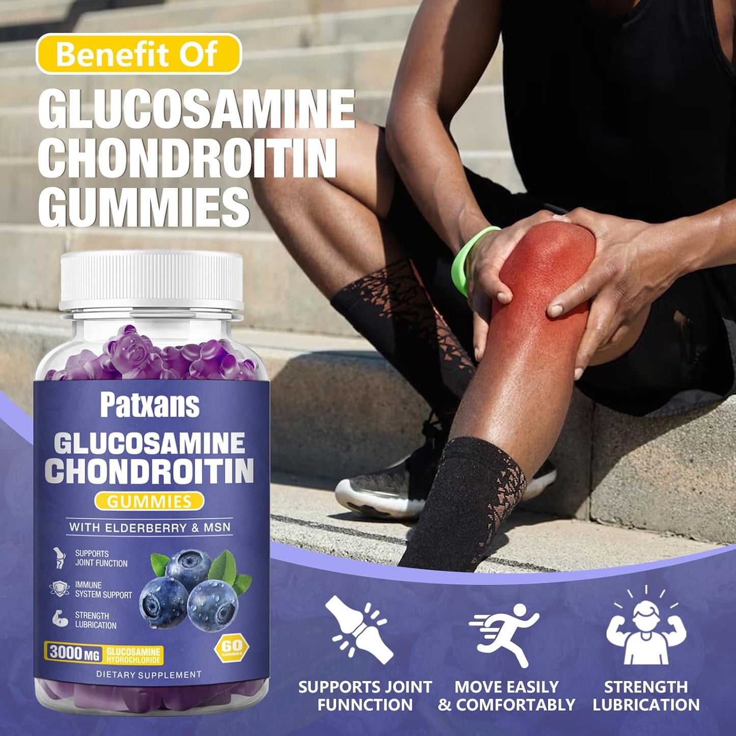 2 Packs of Patxans 3000MG Glucosamine Chondroitin Gummies for Joint Health & Immune Support - Elderberry & MSM Supplement for Flexibility and Antioxidant Boost - 120 Gummies