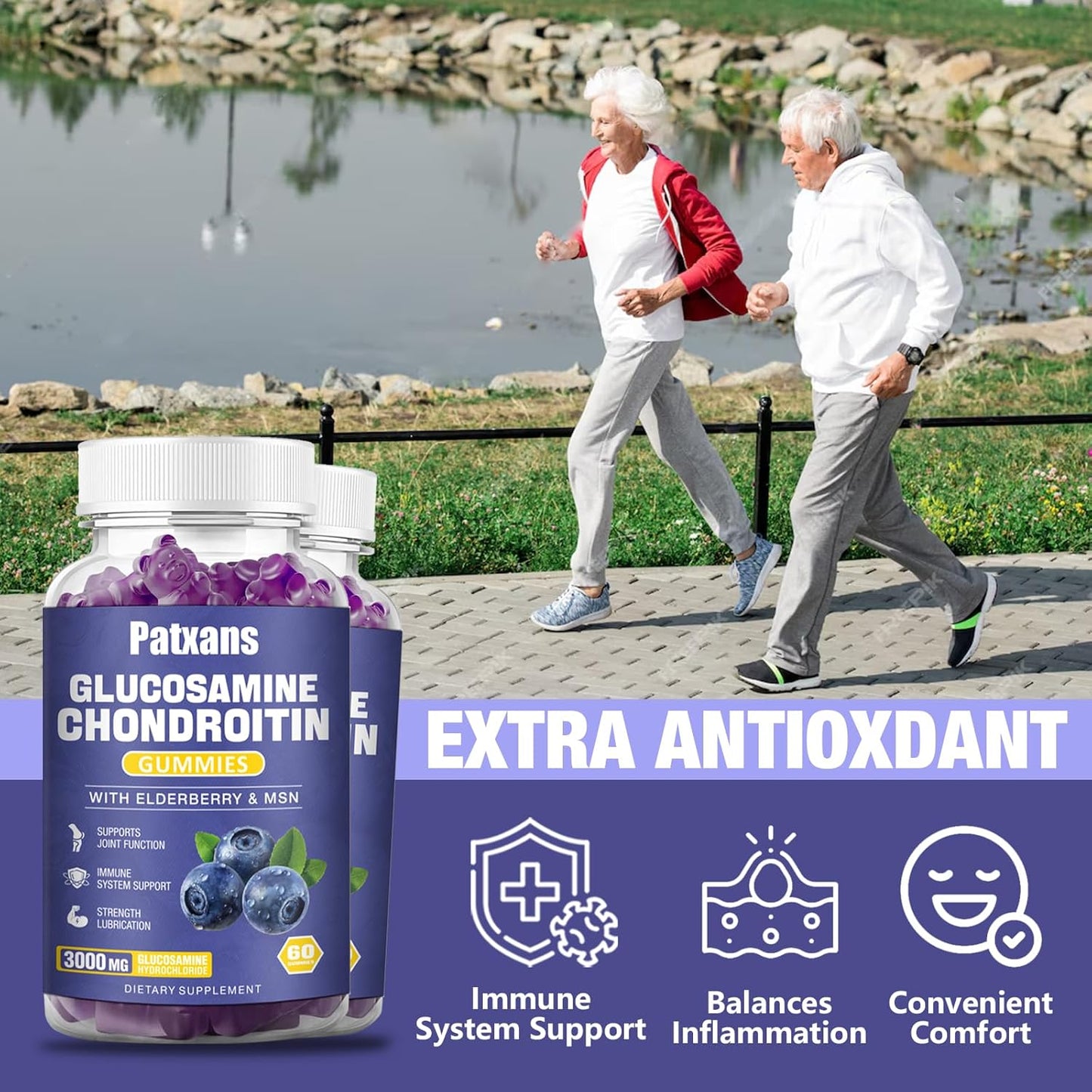 2 Packs of Patxans 3000MG Glucosamine Chondroitin Gummies for Joint Health & Immune Support - Elderberry & MSM Supplement for Flexibility and Antioxidant Boost - 120 Gummies