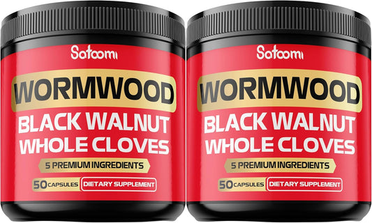 2 Packs of Satoomi Wormwood Capsules - 50 Capsules with Black Walnut, Cloves, Turmeric, and Berberine HCl - Immune System and Digestion Support Supplement