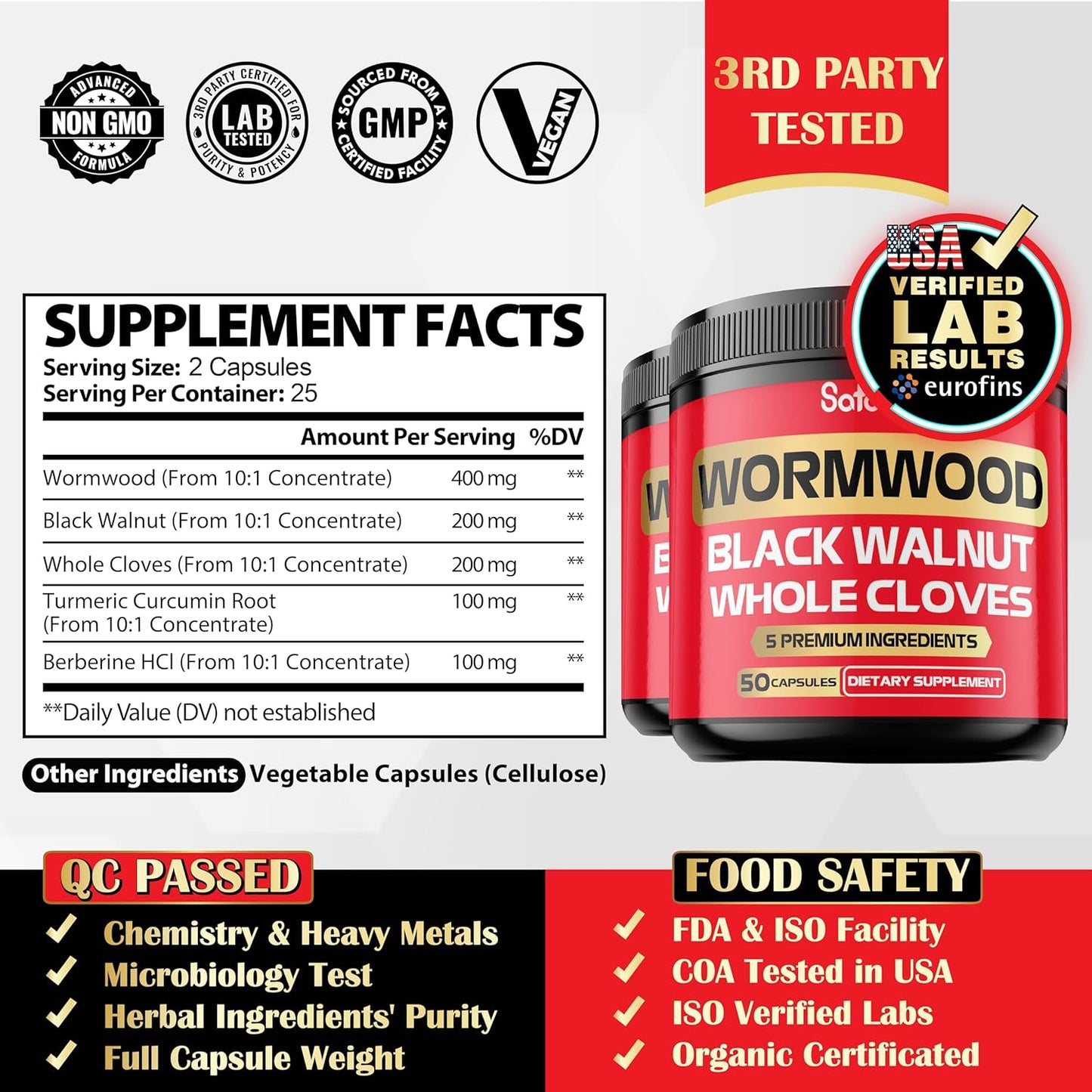 2 Packs of Satoomi Wormwood Capsules - 50 Capsules with Black Walnut, Cloves, Turmeric, and Berberine HCl - Immune System and Digestion Support Supplement
