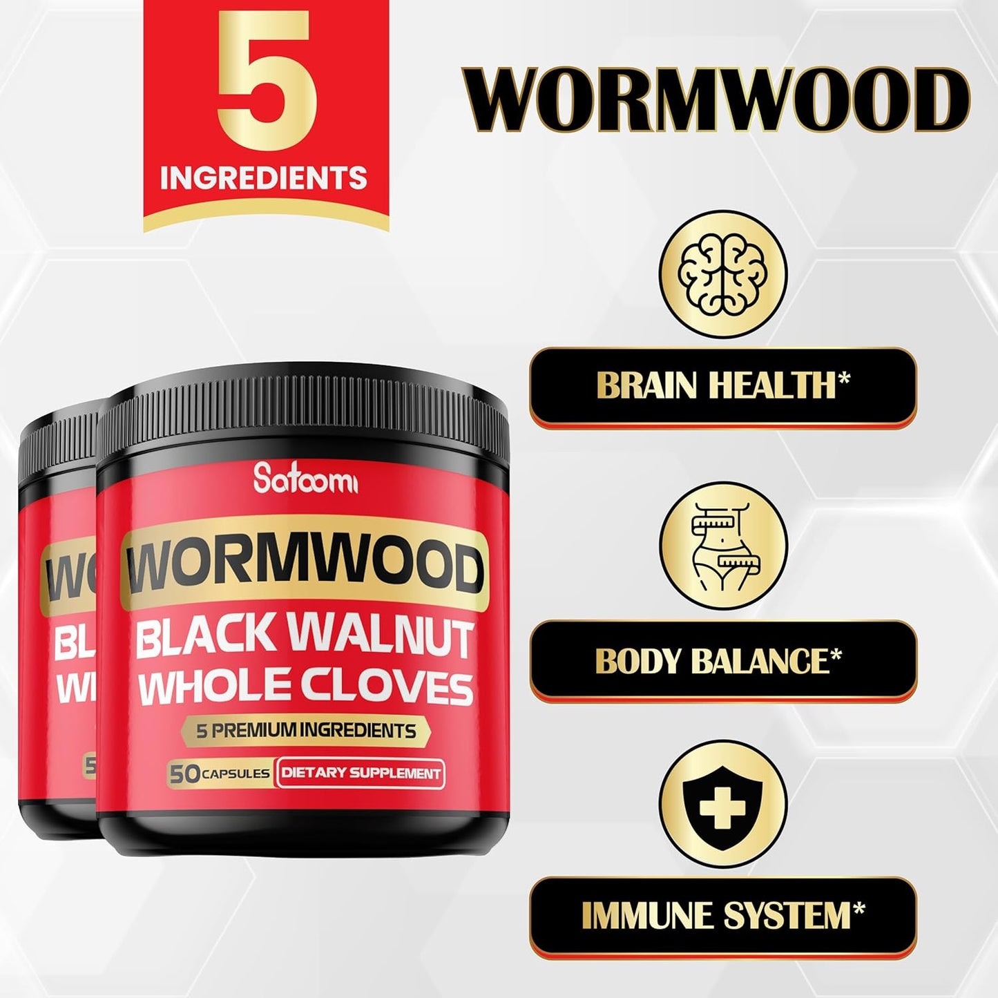 2 Packs of Satoomi Wormwood Capsules - 50 Capsules with Black Walnut, Cloves, Turmeric, and Berberine HCl - Immune System and Digestion Support Supplement