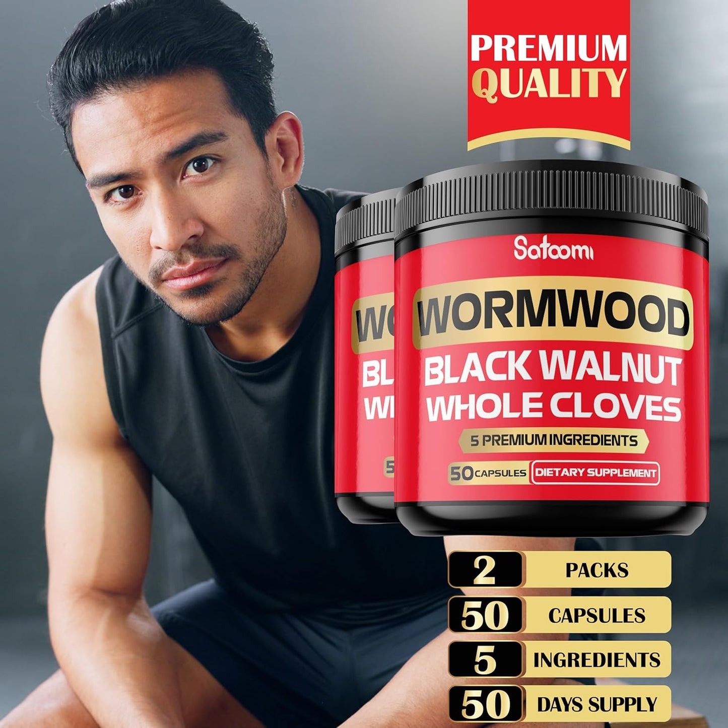 2 Packs of Satoomi Wormwood Capsules - 50 Capsules with Black Walnut, Cloves, Turmeric, and Berberine HCl - Immune System and Digestion Support Supplement