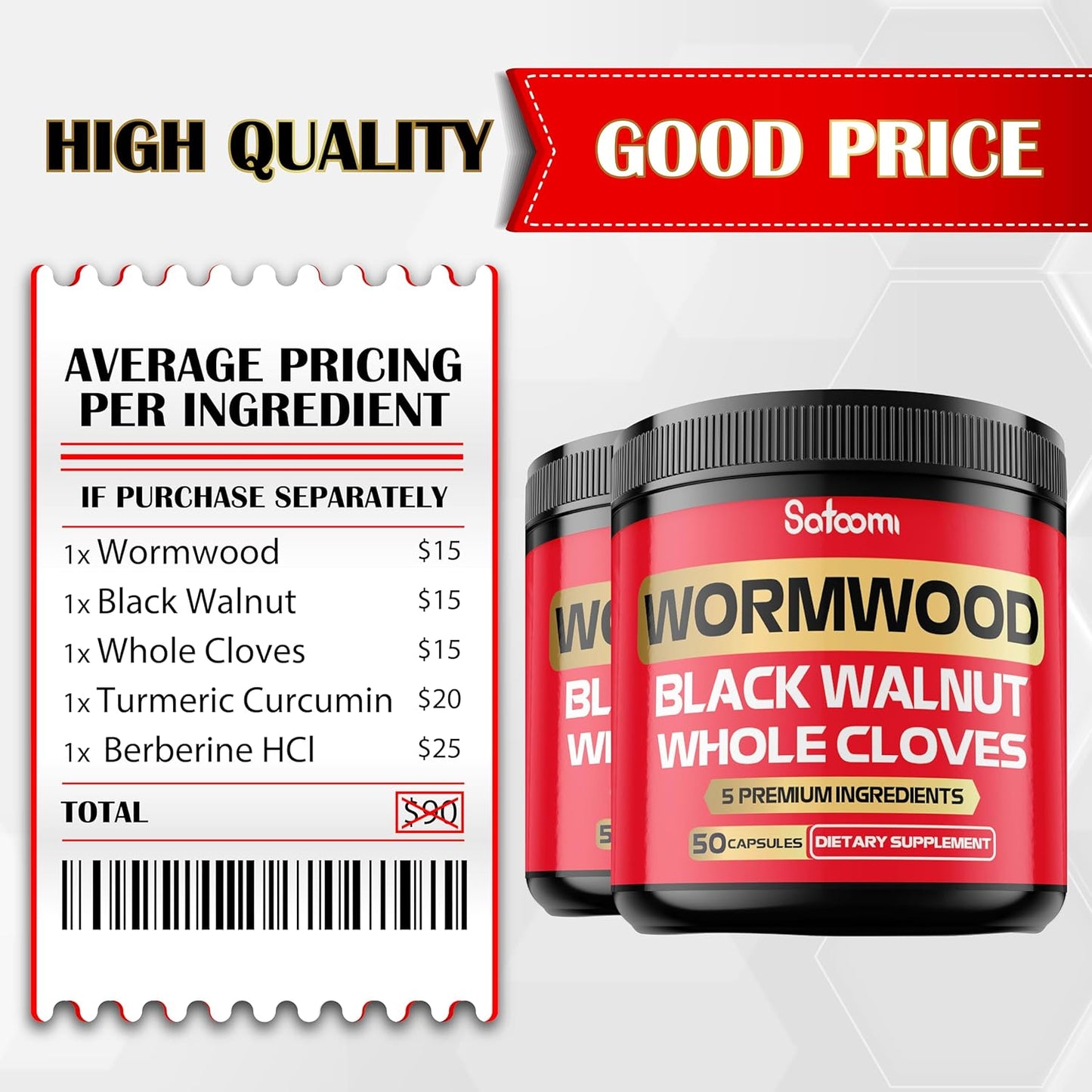 2 Packs of Satoomi Wormwood Capsules - 50 Capsules with Black Walnut, Cloves, Turmeric, and Berberine HCl - Immune System and Digestion Support Supplement
