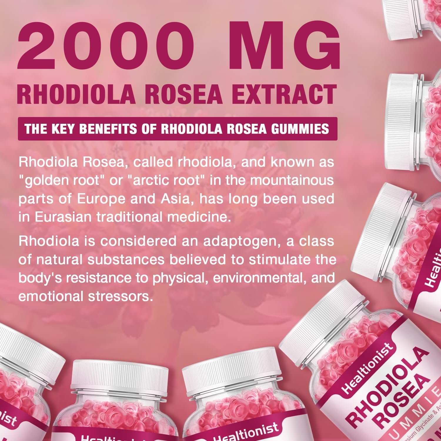2 Packs Sugar-Free Rhodiola Rosea Gummies - Adaptogenic Supplement for Performance, Stamina, Mood - Non-GMO, 120 Vegan Chews
