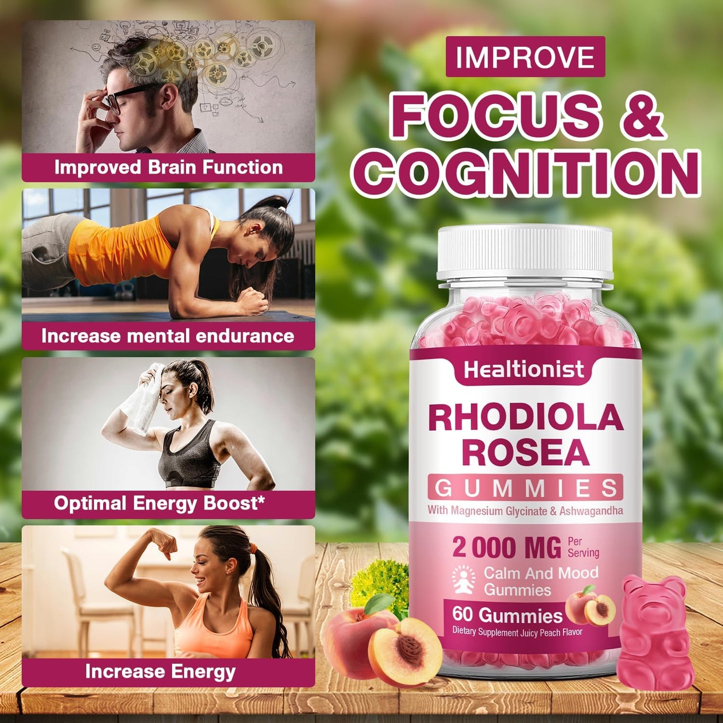 2 Packs Sugar-Free Rhodiola Rosea Gummies - Adaptogenic Supplement for Performance, Stamina, Mood - Non-GMO, 120 Vegan Chews