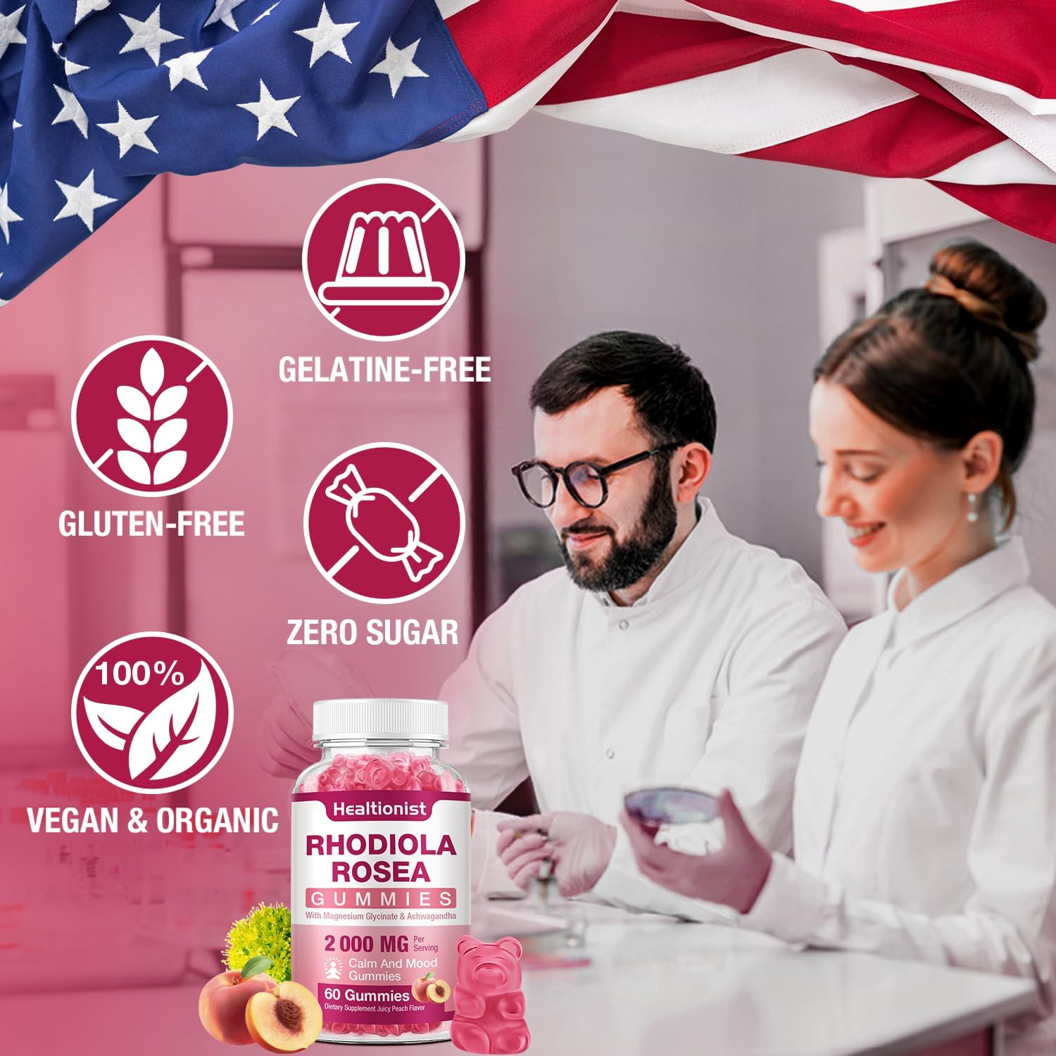 2 Packs Sugar-Free Rhodiola Rosea Gummies - Adaptogenic Supplement for Performance, Stamina, Mood - Non-GMO, 120 Vegan Chews