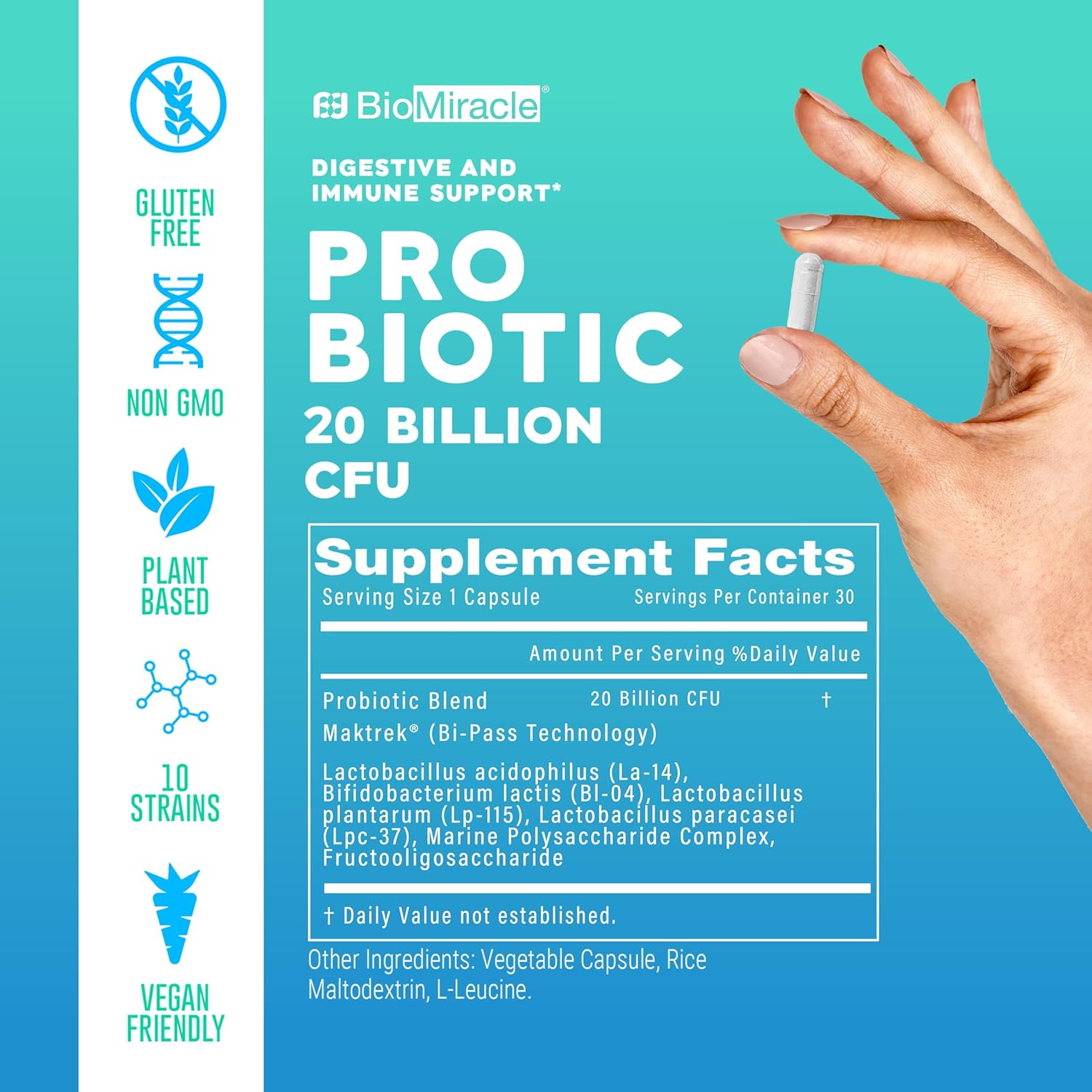20 Billion CFU BioMiracle Probiotic with Natural Ingredients - Gluten-Free, Non-GMO, Vegetarian-Friendly, Multiple Strains