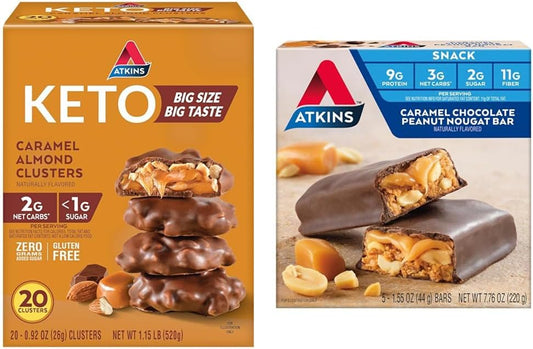 20 Count Atkins Caramel Almond Clusters & 5 Count Caramel Chocolate Peanut Nougat Bars - Gluten Free, High Fiber, Keto Friendly Snacks