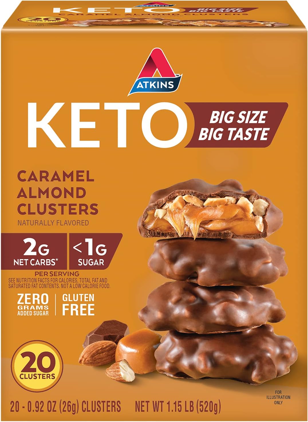 20 Count Atkins Caramel Almond Clusters & 5 Count Caramel Chocolate Peanut Nougat Bars - Gluten Free, High Fiber, Keto Friendly Snacks
