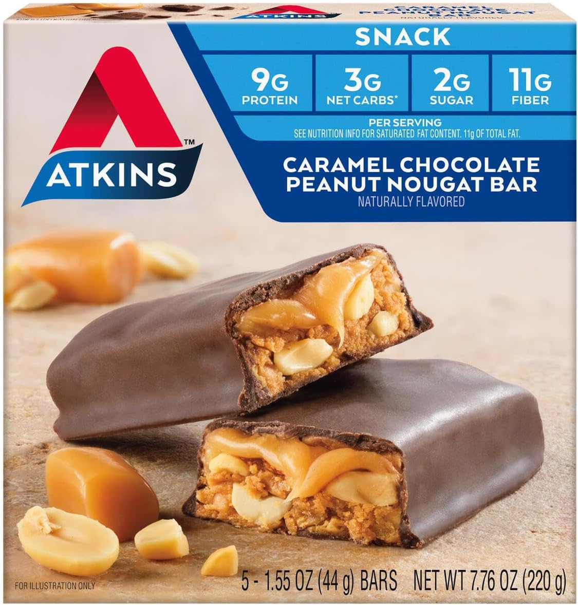 20 Count Atkins Caramel Almond Clusters & 5 Count Caramel Chocolate Peanut Nougat Bars - Gluten Free, High Fiber, Keto Friendly Snacks