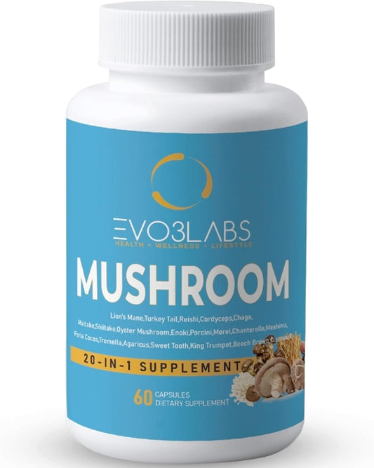 20-in-1 Mushroom Supplement 60 Capsules - 3000mg Lion’s Mane, 3000mg Turkey Tail, 1000mg Reishi, Cordyceps & Chaga, Plus Maitake, Shiitake - Nootropic, Immune Support, Energy Boost