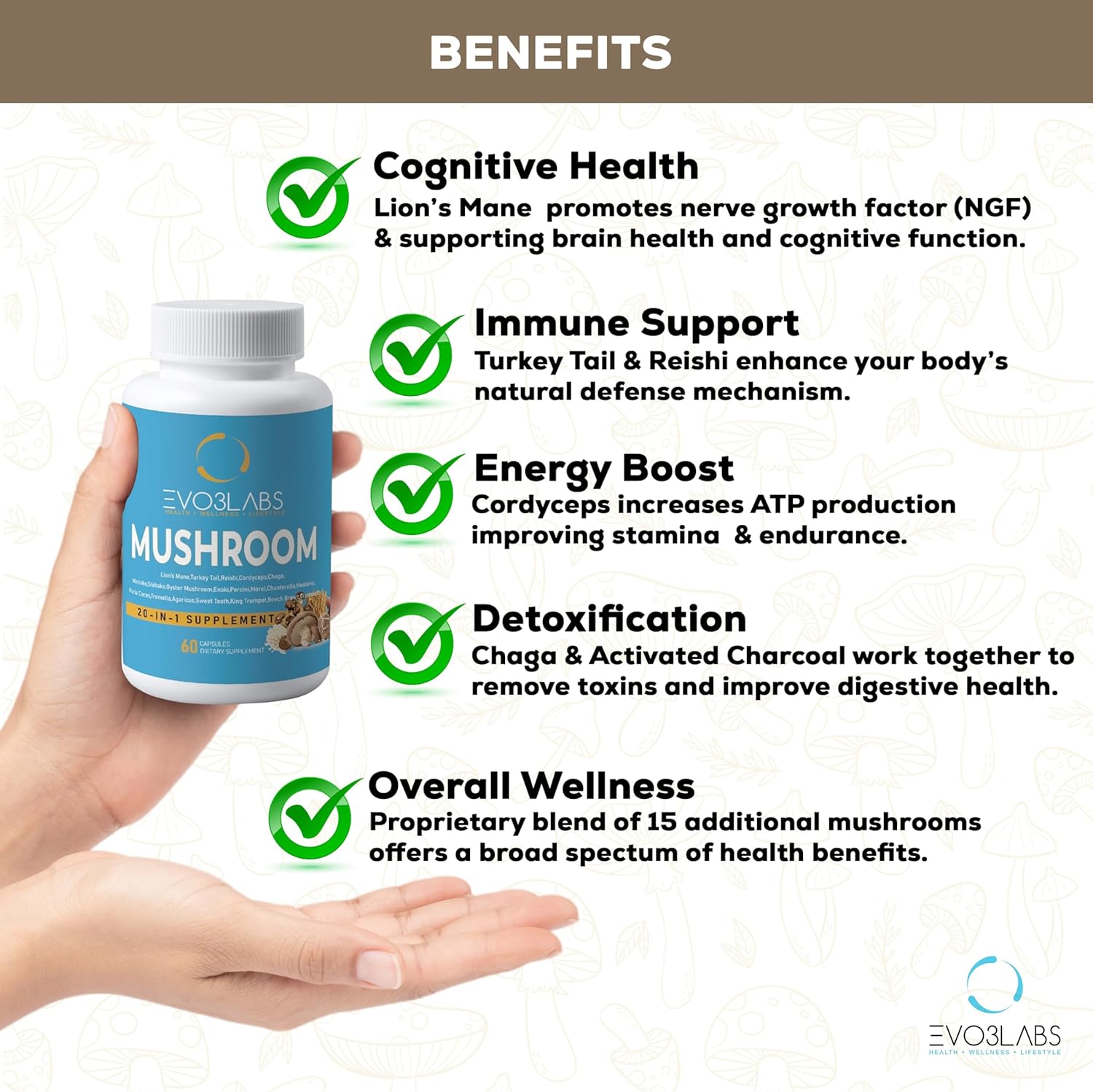 20-in-1 Mushroom Supplement 60 Capsules - 3000mg Lion’s Mane, 3000mg Turkey Tail, 1000mg Reishi, Cordyceps & Chaga, Plus Maitake, Shiitake - Nootropic, Immune Support, Energy Boost
