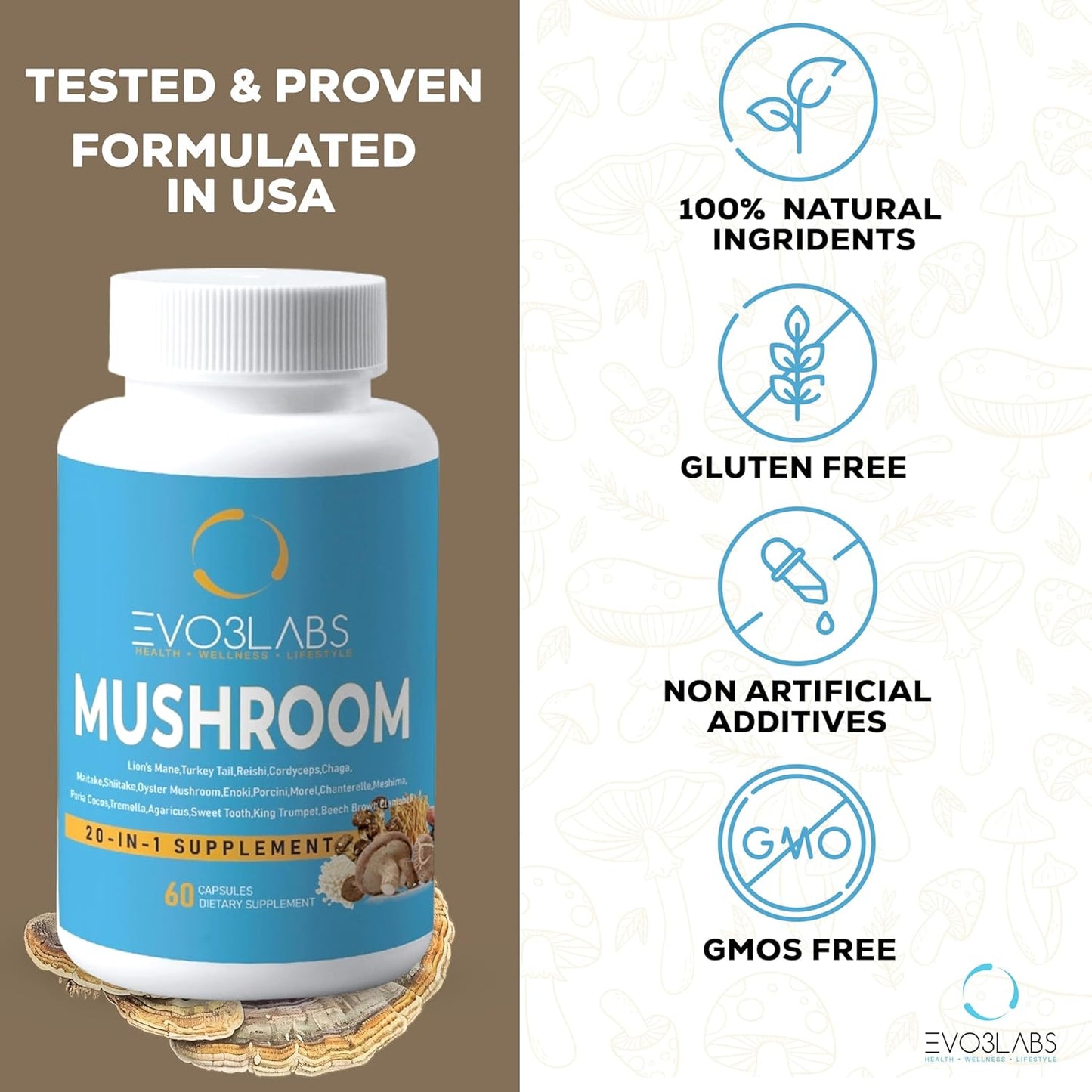 20-in-1 Mushroom Supplement 60 Capsules - 3000mg Lion’s Mane, 3000mg Turkey Tail, 1000mg Reishi, Cordyceps & Chaga, Plus Maitake, Shiitake - Nootropic, Immune Support, Energy Boost