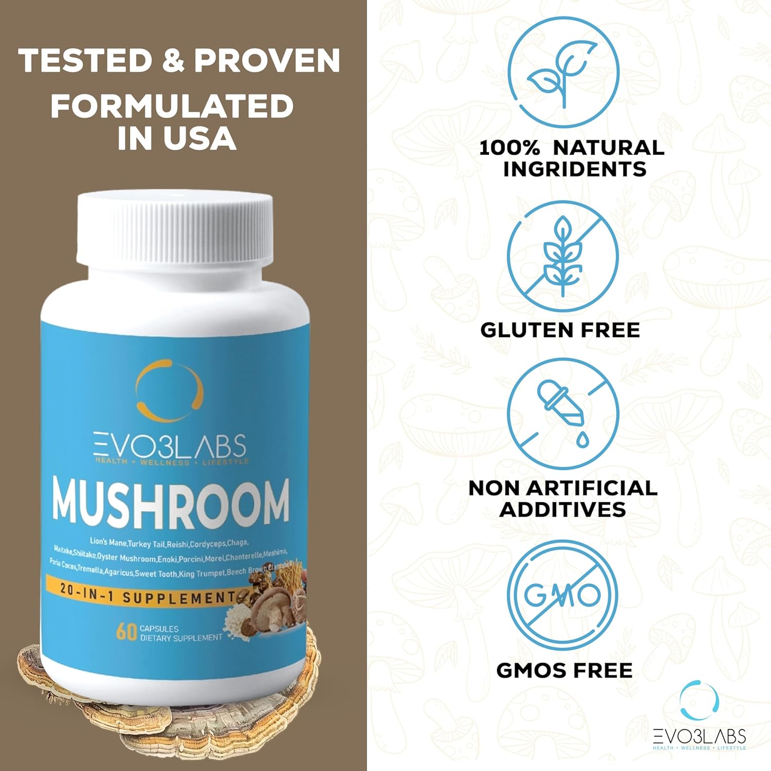 20-in-1 Mushroom Supplement 60 Capsules - 3000mg Lion’s Mane, 3000mg Turkey Tail, 1000mg Reishi, Cordyceps & Chaga, Plus Maitake, Shiitake - Nootropic, Immune Support, Energy Boost