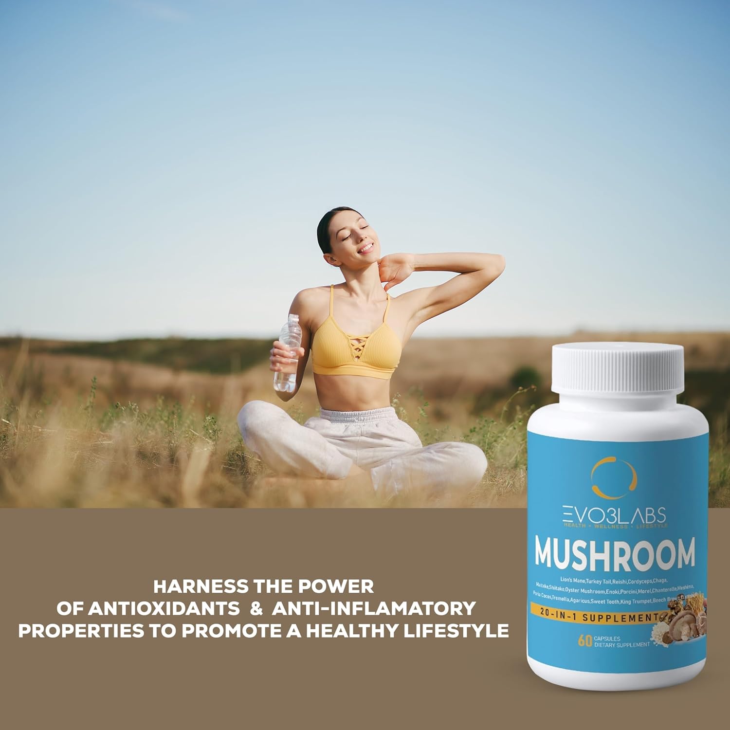 20-in-1 Mushroom Supplement 60 Capsules - 3000mg Lion’s Mane, 3000mg Turkey Tail, 1000mg Reishi, Cordyceps & Chaga, Plus Maitake, Shiitake - Nootropic, Immune Support, Energy Boost