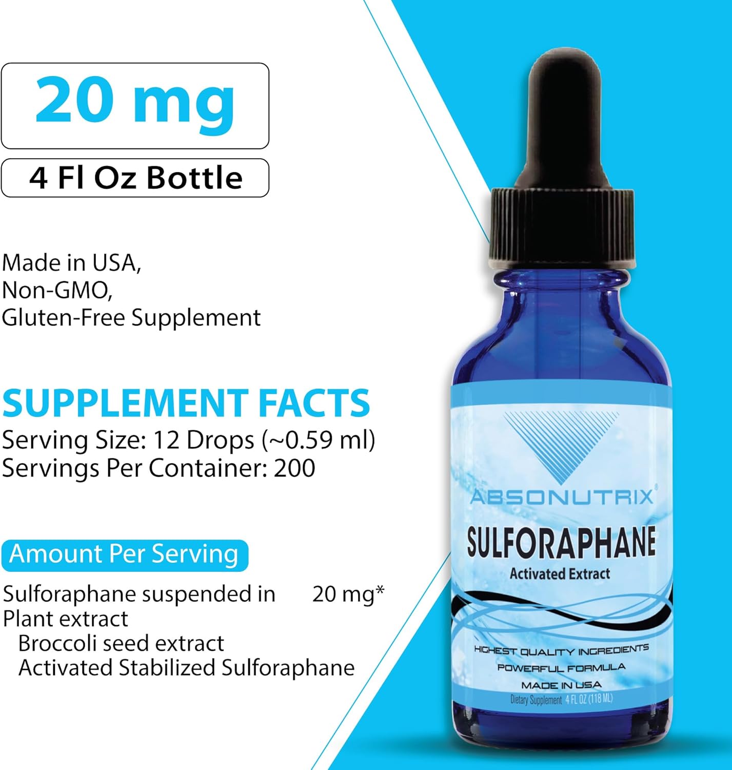 20 mg Sulforaphane Supplement for Cognitive Function & Anti-Aging - 200 Servings - Third Party Tested - Easy Absorption - GMP-Certified - Non-GMO - USA Made