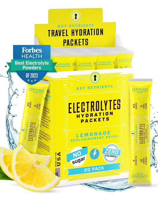 20 Pack Electrolyte Powder Packets in Refreshing Lemonade Flavor - Travel-Friendly Hydration Powder with Key Nutrients - Sugar-Free, Calorie-Free, Gluten-Free - Made in USA
